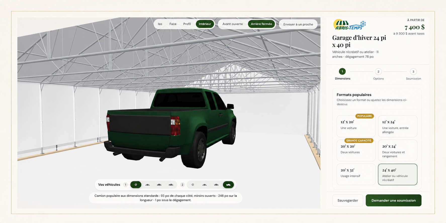 Aperçu du configurateur 3D de garage Abris-Temps